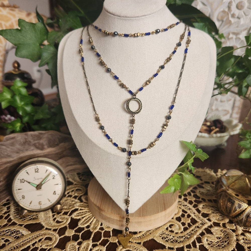 Blue and Gold Dainty Beaded Necklace Boho Layered Hippy Bohemian